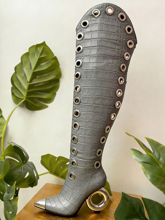 GrauDamen-Oberschenkelstiefel mit spitzer Zehenpartie Strassmuster am Absatz Overknee-Stiefel