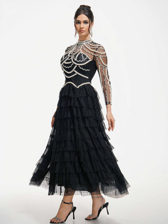 Robe de soirée longue rose à col montant manches longues perlées et manches évasées superposées style chic semi-formel