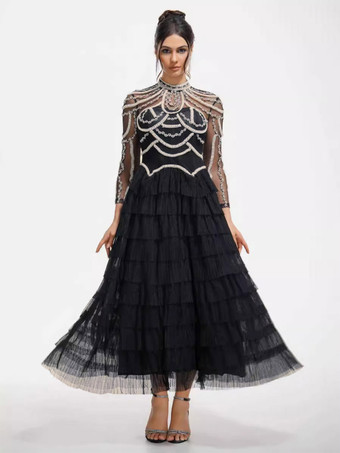 noir Robe de soirée longue rose à col montant manches longues perlées et manches évasées superposées style chic semi-formel