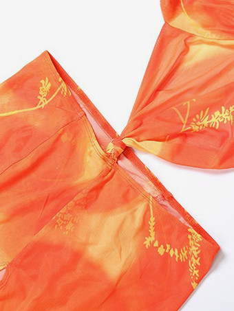 Urlaubskleid mit Farbverlauf Batikmuster Neckholder Rückenausschnitt transparentem Design und hohem Schlitz Maxikleid