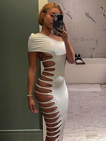 ホワイト レディース ワンショルダーカットアウト ボディコンミディドレス セクシーなサイドくり抜き クラブパーティドレス