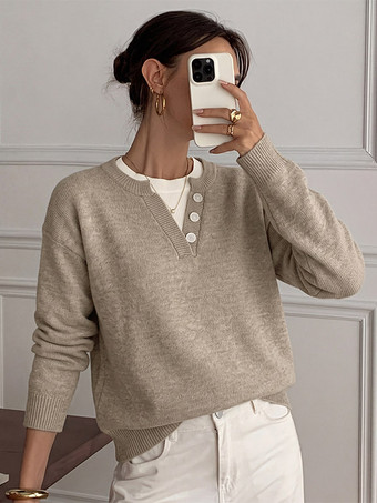 カーキ レディース フェイクツーピース ノッチVネック ボタンニットセーター オーバーサイズ 長袖 無地 カーキ プルオーバー