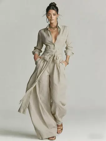 Leinen-Baumwoll-Zweiteiler für Damen – Elegantes langärmeliges Hemd mit Gürtel und weite Hose – Sommer-Resort-Stil 2026