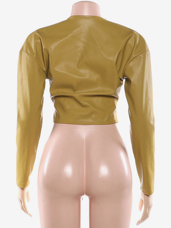 Crop-Top aus Kunstleder mit Reißverschluss langen Ärmeln und geraffter Taille Y2K-Design
