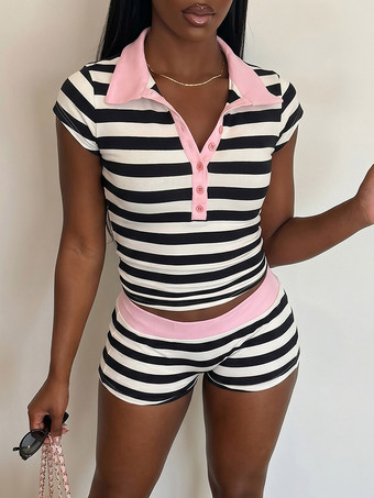 Gestreiftes Polo-Crop-Top mit halbem Reißverschluss und High-Waist-Shorts 2-teiliges Set