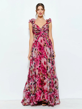 RosarotUrlaubskleid mit Blumenmuster Rüschenärmeln Rückenausschnitt und Bindebändern gestuftem Maxikleid