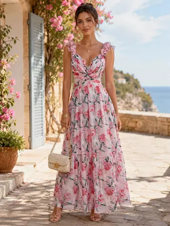maxi dresses vacation Cute Palm Print Cream Dress | Trendy Women's short sleeves Rosalinda Bow Back Maxi |