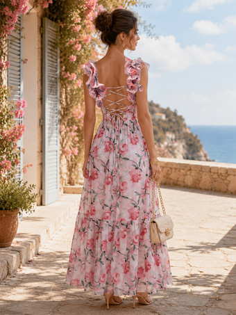 Urlaubskleid mit Blumenmuster Rüschenärmeln Rückenausschnitt und Bindebändern gestuftem Maxikleid