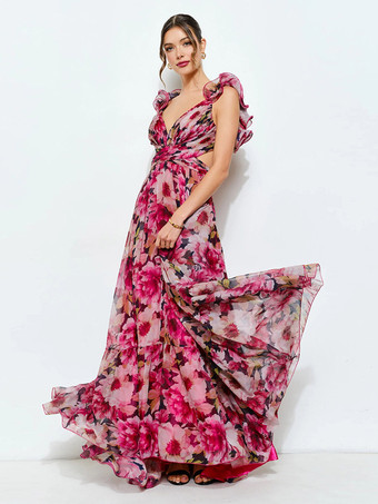 Urlaubskleid mit Blumenmuster Rüschenärmeln Rückenausschnitt und Bindebändern gestuftem Maxikleid