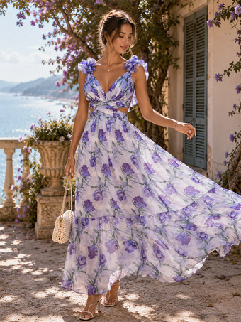 LilaUrlaubskleid mit Blumenmuster Rüschenärmeln Rückenausschnitt und Bindebändern gestuftem Maxikleid