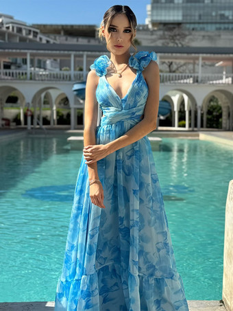 Urlaubskleid mit Blumenmuster Rüschenärmeln Rückenausschnitt und Bindebändern gestuftem Maxikleid