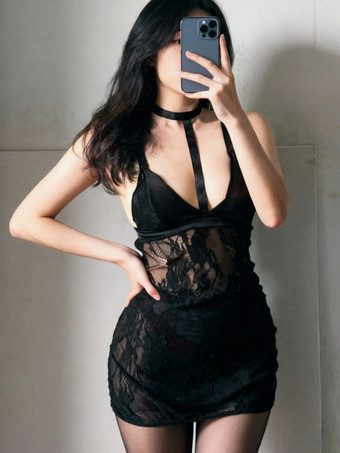 SchwarzSchwarzes Neckholder-Minikleid aus Spitze mit tiefem V-Ausschnitt und gekreuzten Trägern am Rücken