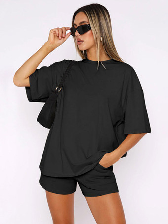 ブラック オーバーサイズ半袖Tシャツとドローストリングポケット付きショートパンツの2点セットラウンジウェア