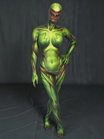 グリーン ハロウィン コスプレ 3D デジタルプリント UV グロー ボディスーツ 花柄プリント ホリデー ジャンプスーツ コスチューム キャットスーツ ゼンタイ ボディスーツ