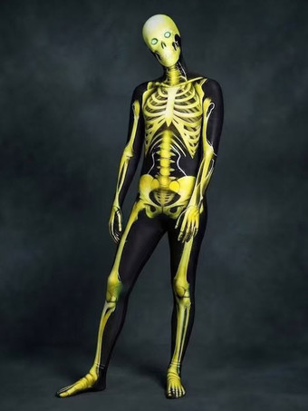 イエローハロウィンコスチューム、スケルトンコスチューム、3Dデジタルプリント、UVグローボディスーツ、キャットスーツ、ゼンタイ、ハロウィンコスプレコスチューム、ライクラ・スパンデックス、カーニバルジャンプスーツ