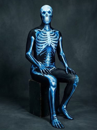 ブルー ハロウィンコスチューム、スケルトンコスチューム、3Dデジタルプリント、UVグローボディスーツ、キャットスーツ、ゼンタイ、ハロウィンコスプレコスチューム、ライクラ・スパンデックス、カーニバルジャンプスーツ