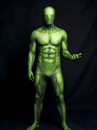 グリーン ハロウィンコスプレ衣装 キャットスーツ ゼンタイ ネオンボディスーツ 3Dデジタルプリント UVグローボディスーツ