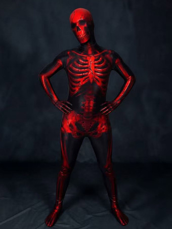 ダークレッドハロウィンコスチューム スケルトンボディスーツコスチューム 3Dデジタルプリント UVグローボディスーツ キャットスーツ ゼンタイ ハロウィンコスプレコスチューム ライクラ スパンデックス