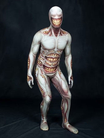 ライトグレーハロウィンコスチューム スケルトンボディスーツコスチューム 3Dデジタルプリント UVグローボディスーツ キャットスーツ ゼンタイ ハロウィンコスプレコスチューム ライクラ スパンデックス