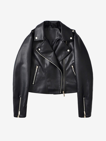 Schwarze kurze Bikerjacke aus Kunstleder für Damen mit Reverskragen und Reißverschluss