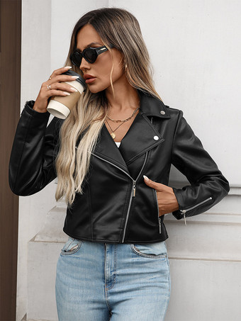 Schwarze kurze Bikerjacke aus Kunstleder für Damen mit Reverskragen und Reißverschluss
