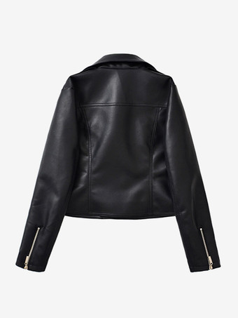 Schwarze kurze Bikerjacke aus Kunstleder für Damen mit Reverskragen und Reißverschluss