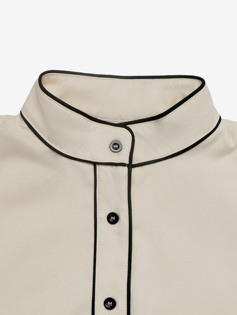 Bluse mit schwarzer Paspelierung Stehkragen und Laternenärmeln einfarbiges locker sitzendes Langarmshirt