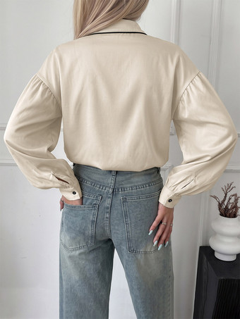 Bluse mit schwarzer Paspelierung Stehkragen und Laternenärmeln einfarbiges locker sitzendes Langarmshirt