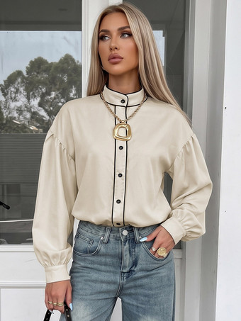 Bluse mit schwarzer Paspelierung Stehkragen und Laternenärmeln einfarbiges locker sitzendes Langarmshirt