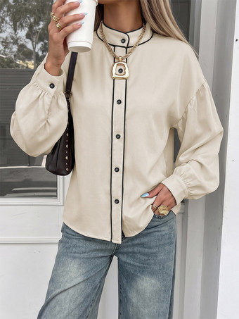 Bluse mit schwarzer Paspelierung Stehkragen und Laternenärmeln einfarbiges locker sitzendes Langarmshirt