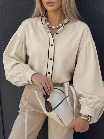 milchweißBluse mit schwarzer Paspelierung Stehkragen und Laternenärmeln einfarbiges locker sitzendes Langarmshirt