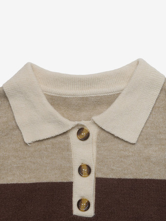 Vintage Pullover kaffeebeige farblich abgesetzter Streifenpullover mit Polokragen und halber Knopfleiste locker gestrickt