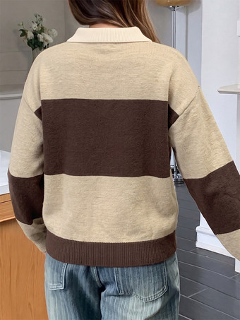 Vintage Pullover kaffeebeige farblich abgesetzter Streifenpullover mit Polokragen und halber Knopfleiste locker gestrickt