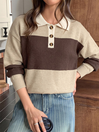 Vintage Pullover kaffeebeige farblich abgesetzter Streifenpullover mit Polokragen und halber Knopfleiste locker gestrickt