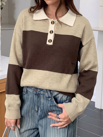 Vintage Pullover kaffeebeige farblich abgesetzter Streifenpullover mit Polokragen und halber Knopfleiste locker gestrickt