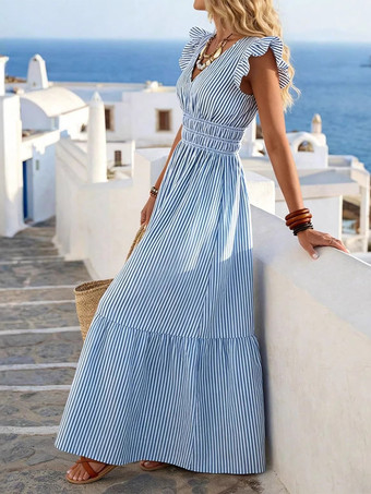 Urlaubskleid mit vertikalen Streifen V-Ausschnitt Rüschenärmeln und geraffter Taille Maxikleid Strandkleid