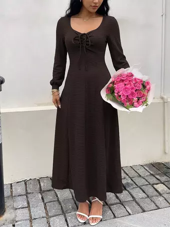 Daily Dresses Square Neck Front Tie Shirred Waist Textured Knit Maxi Dress