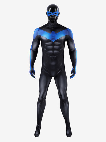 ブラック ナイトウィングのコスプレ衣装、黒と青のセカンドスキンボディスーツユニフォーム、象徴的な胸のエンブレムとドミノマスク付き