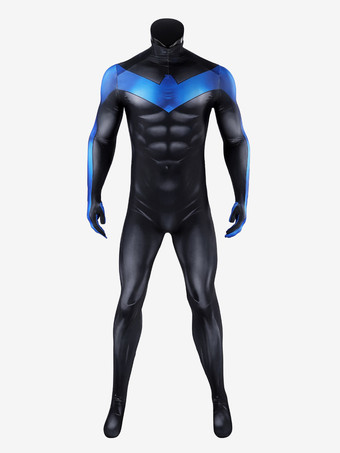 ナイトウィングのコスプレ衣装、黒と青のセカンドスキンボディスーツユニフォーム、象徴的な胸のエンブレムとドミノマスク付き