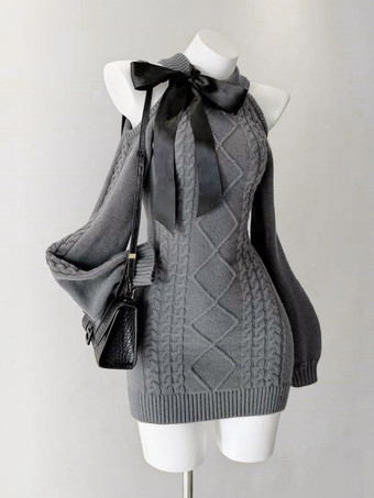 Sweet Lolita Dress Long Sleeves Gray Tea Party Grey Halter Cold Shoulder Cable Knit Mini Lolita Dress