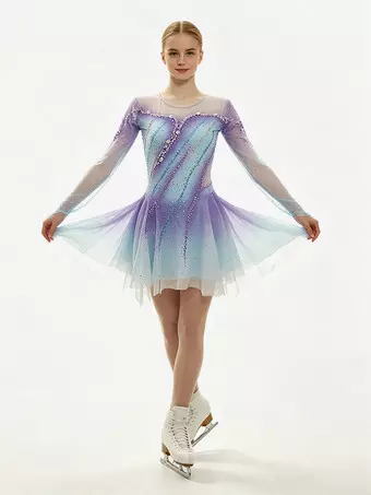 Figure Skating Dress Women's Girls' Ice Skating Dress Patchwork Open Back Mesh High Elasticity Training Competition Skating Wear Classic Crystal