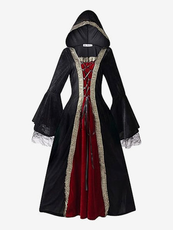ブラック 女性用フード付き中世風ロングドレス 魔女衣装 ルネッサンス風レースアップコスチューム ハロウィンコスプレ