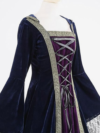 女性用フード付き中世風ロングドレス 魔女衣装 ルネッサンス風レースアップコスチューム ハロウィンコスプレ