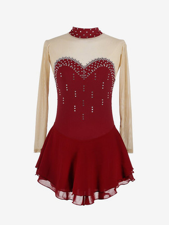 BurgunderrotEiskunstlaufkleid für Damen und Mädchen hochelastisch Trainings- und Wettkampfbekleidung klassisch mit Kristallen/Strasssteinen langärmelig
