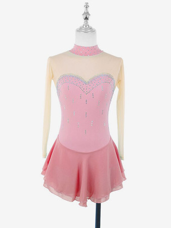 RosaEiskunstlaufkleid für Damen und Mädchen hochelastisch Trainings- und Wettkampfbekleidung klassisch mit Kristallen/Strasssteinen langärmelig