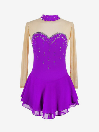 FuchsienfarbigEiskunstlaufkleid für Damen und Mädchen hochelastisch Trainings- und Wettkampfbekleidung klassisch mit Kristallen/Strasssteinen langärmelig