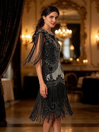 1920年代フラッパードレス 1920年代ファッション ブラックポリエステルドレス 1920年代グレートギャツビーコスチューム レトロコスチューム