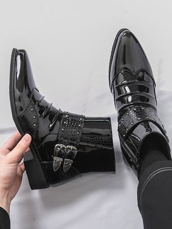Schwarze Herren-Ankle-Boots mit spitzer Zehenpartie Schnallendetail und Reißverschluss