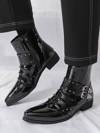 Schwarze Herren-Ankle-Boots mit spitzer Zehenpartie Schnallendetail und Reißverschluss