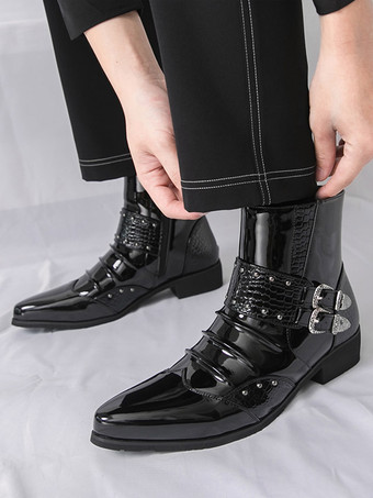 Schwarze Herren-Ankle-Boots mit spitzer Zehenpartie Schnallendetail und Reißverschluss